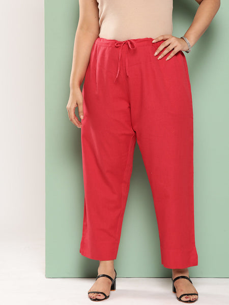 Yufta Women Plus Size Red Cotton Ethnic Trousers