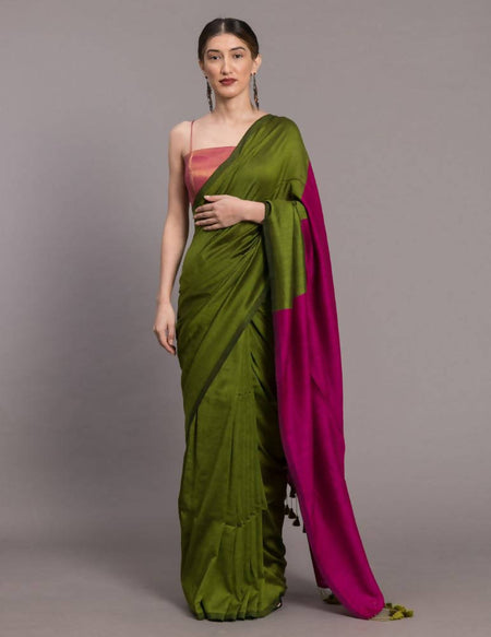 Suta Green Pink Colourblocked Saree