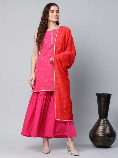 Ahalyaa Pink Crepe Orange khari Print Kurta Sharara Set With Dupatta