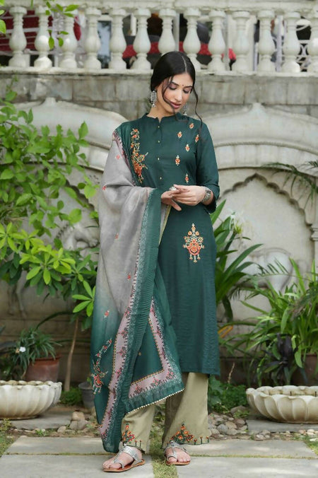 Juniper Bottle Green Mono Viscose Festive Wear Embroidered Straight Kurta Pant Dupatta Set
