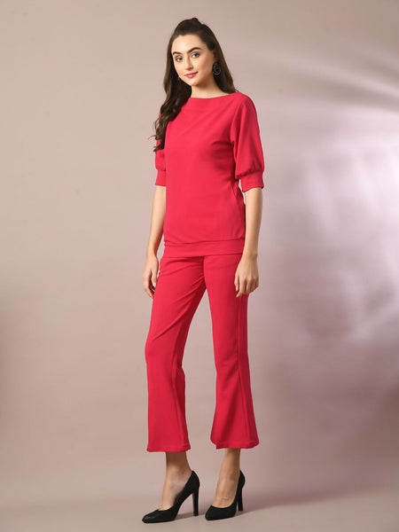 Myshka Women's Pink Solid Boat Neck Party Top With Trousers Co-ord set