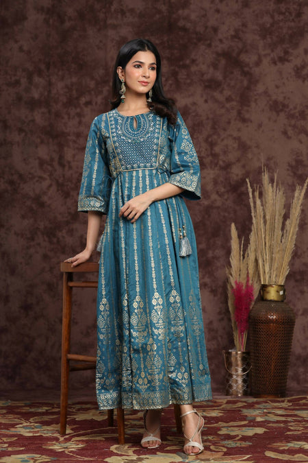Juniper Women Teal Shantoon Printed Anarkali Dress