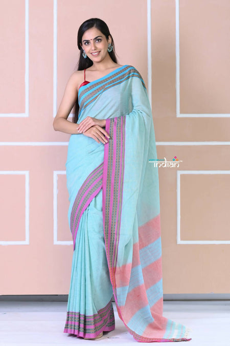 Very Much Indian Traditional Patteda Anchu Ilkal Handloom Saree - Sky Blue