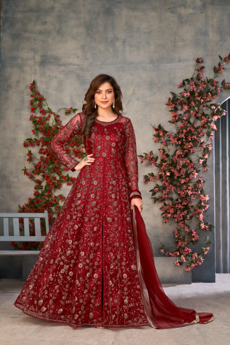 Anaita Maroon Embroidered Net Stitched Anarkali suit