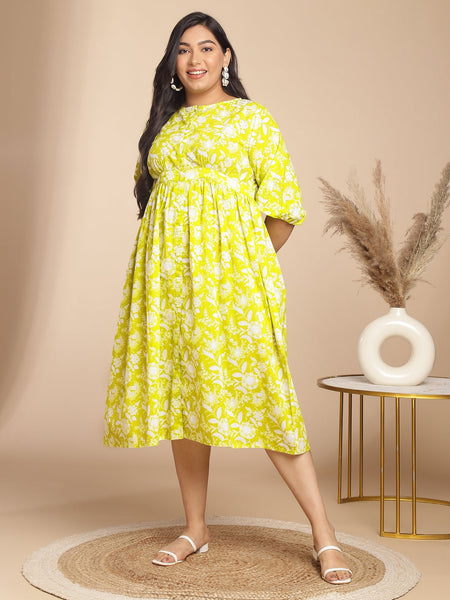 Janasya Gathering Cambric Lime Floral Round Neck Dress