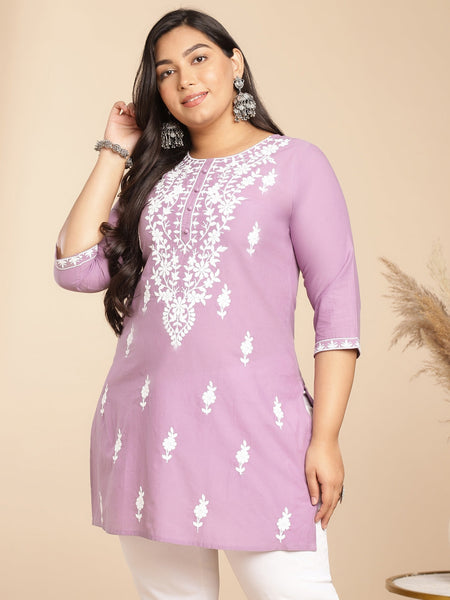 Janasya Straight Cambric Lavender Embroidered Round Neck Tunic