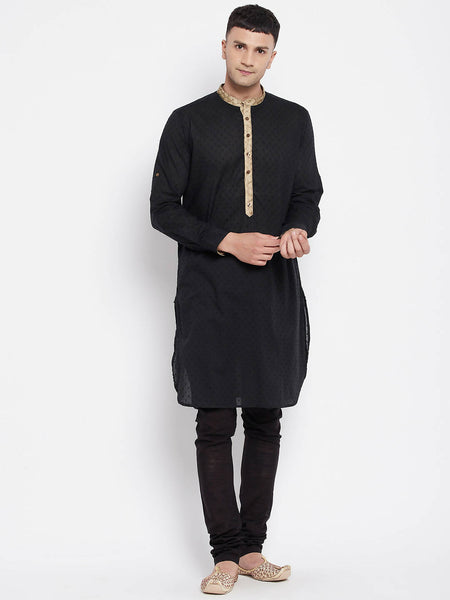 Even Apparels Black Pure Cotton Men's Kurta With Contrast Collar And Placket