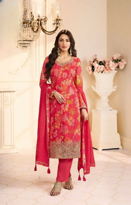 Anaita Red Chinon Stitched Suit with Multi Digital Print