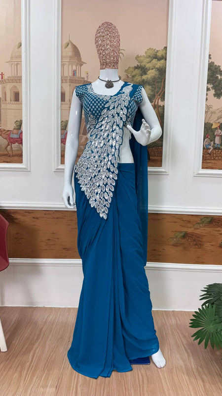 Teeya Creation Blue Color Faux Georgette Embroidery Work Party Wear Ready To Wear Saree