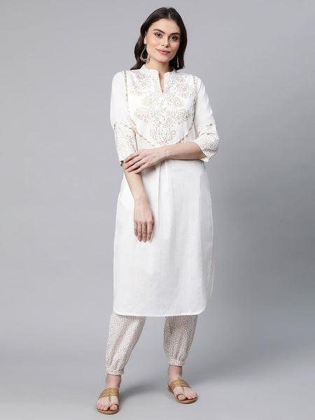 Ahalyaa Women Offwhite Pure Cotton Printed Kurta With Trousers