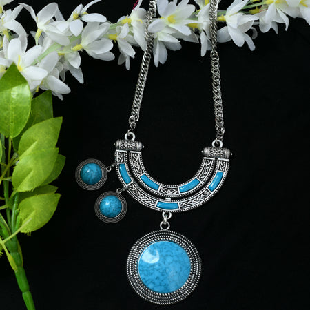 Mominos Fashion Johar Kamal Oxidised Silver-Plated Stone Work Long Necklace Handicraft Sky Blue