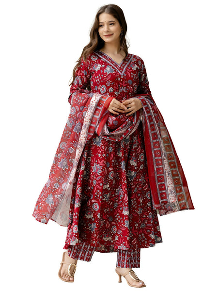 The52 Maroon Women's Gorgeous Rayon Fabric Printed Work Flared Kurta, Pant and Dupatta Set