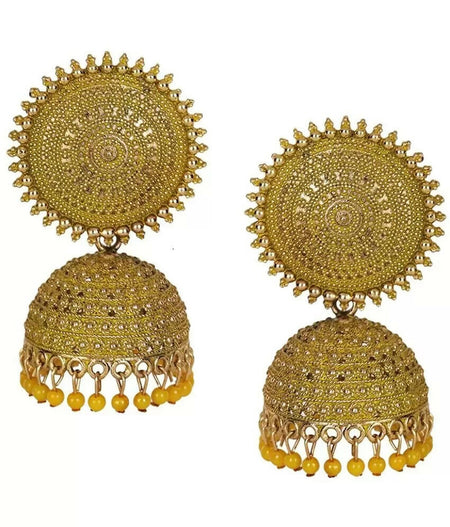 Mominos Fashion Joharkamal Gold-Polished Meenakari Jhumkas For Women & Girls (Yellow)