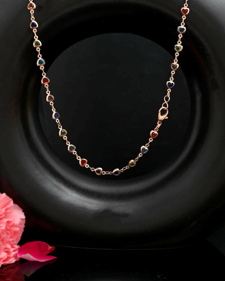 VOJ Gold-Polished Chain For Women With Multi Colour Hearts