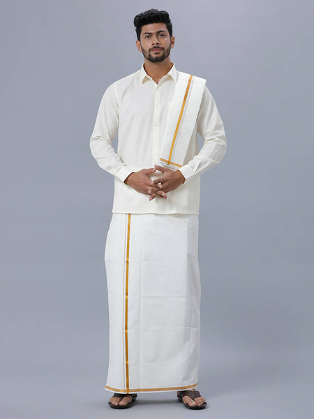 Ramraj Cotton Mens Wedding Set Cream Regular Dhoti, Shirt & Towel Arathi 1/2"