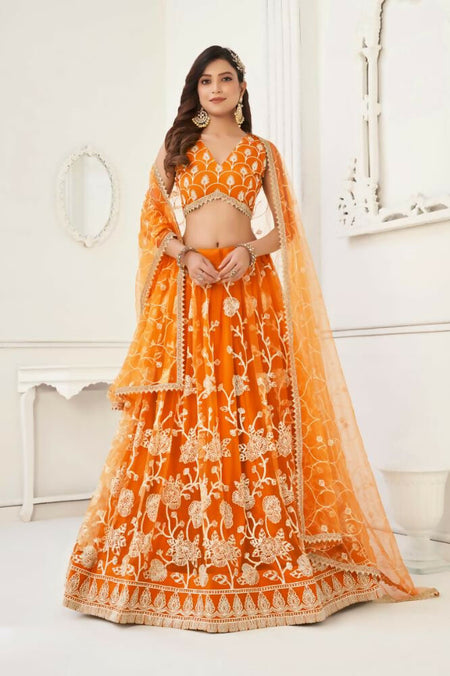 Aastha Fashion Orange Butterfly Net White Cotton Thread Work And Sequence Work Embroidery Wedding Wear Lehenga Choli
