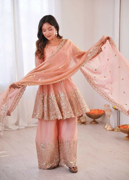 Teeya Creation Light Peach Color Fendy Satin Silk Embroidery Work Party Wear Salwar Suit