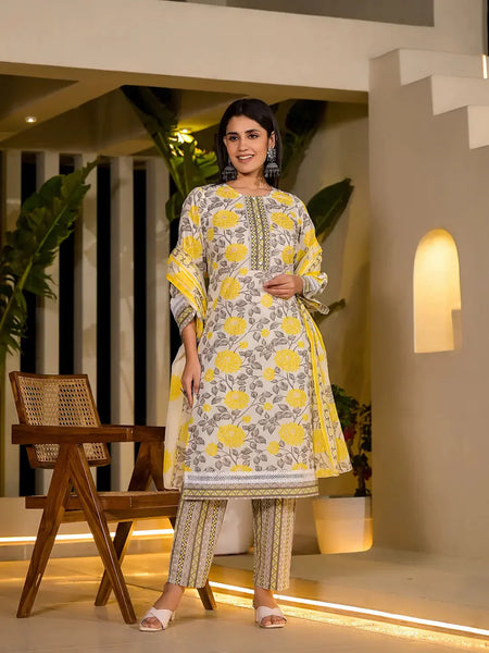 Yufta Yellow Pure Cotton Floral Print Kurta With Trousers And Dupatta Set