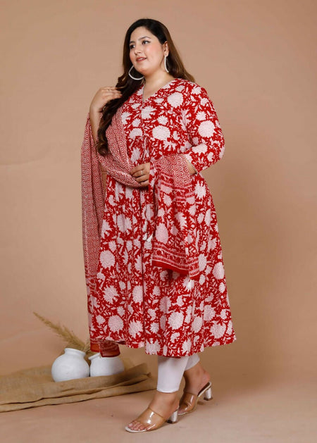 Miravan Women's Plus Size Floral Printed Cotton Anarkali Kurta With Dupatta