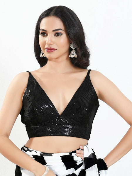 Joban Fashion Black Sequin Padded Blouse With V Neck Sleeveless