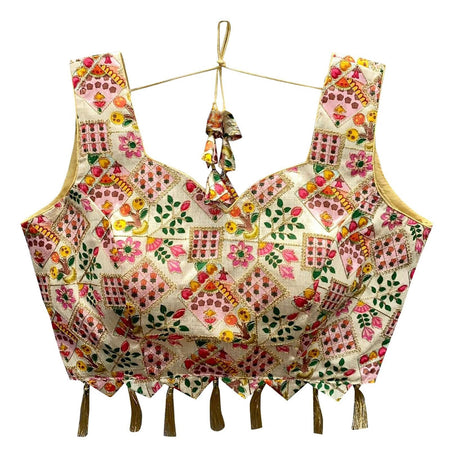Vamika Cream Banglori Silk Digital Print And Embroidery Blouse