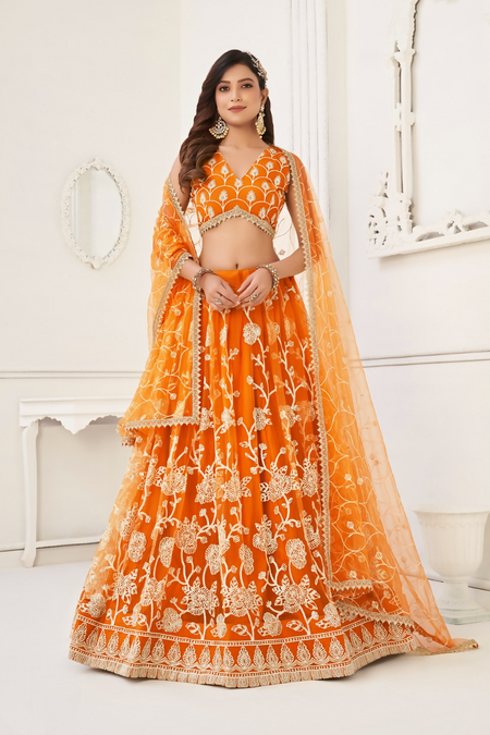 Eilara Women'S Orange Butterfly Net With Sequins And Embroidery Work Lehenga Choli For Wedding