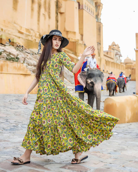 Designer Partywear Printed Yellow Pure Maslin Gown - Anbazaar