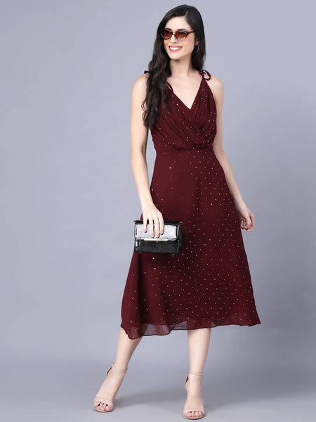 Myshka Georgette Solid Sleeveless Shoulder Straps Maroon Women Dress