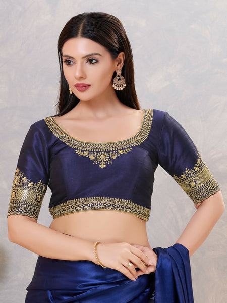 Joban Fashion Women Silk Navy-Blue Stitched Blouse