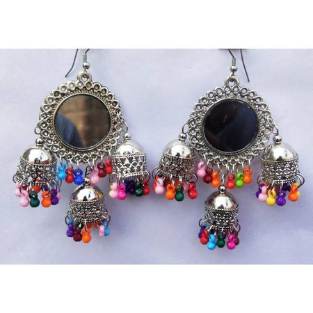 MS Fashion India Sun Design Mirror Silver Oxidized Triple Jhumka With Pearls Hanging Afghani Earrings