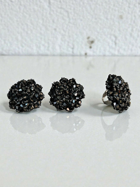 Inhanns Rangmani Crystal Duo – Adjustable Ring + Statement Earrings Set - Black