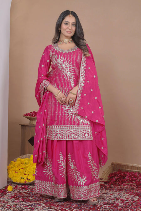 Lehenga Mart Designer Sharara Suit With Kurta, Sharara, Dupatta For Women-Pink