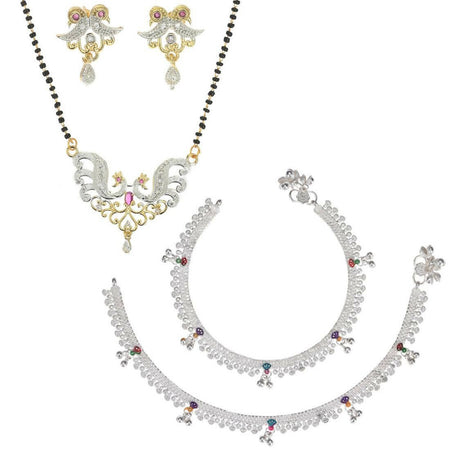AanyaCentric Gold-Polished Mangalsutra Pendant Earring Set & Silver Plated Anklet