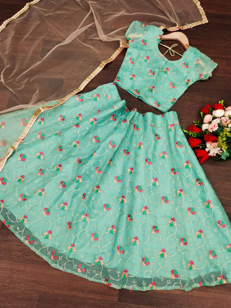 Jyoti Fashion Beautiful Sky Blue Organza Silk Embroidered Kids Lehenga Choli Set