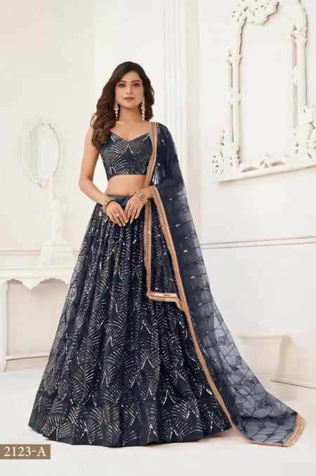 Aastha Fashion Black Butterfly Net Tone To Tone Thread Work, Sequence Work And Original Mirror Work Embroidery Wedding Wear Lehenga Choli