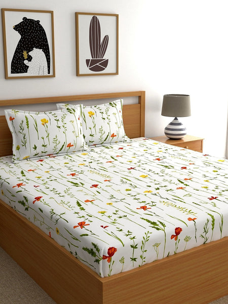 Home Ecstasy White & Green Printed 140 TC Cotton Double Queen Bedsheet With 2 Pillow Covers