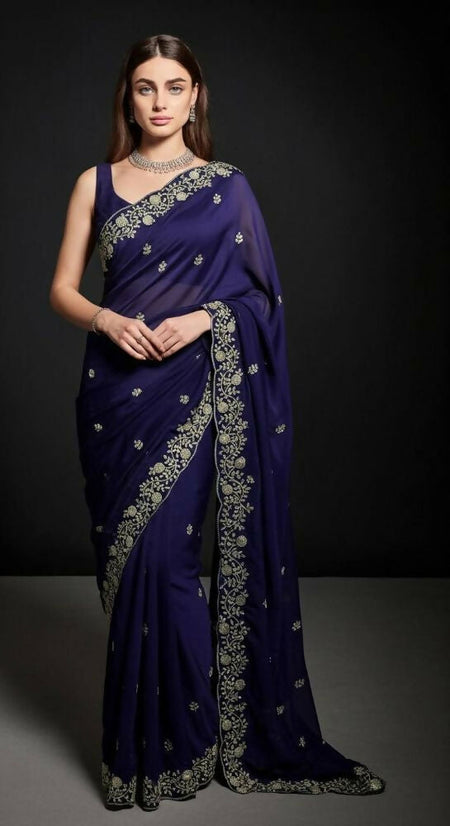 Joban Fashion Blue Fandy Satin Silk Party Wear Sarees