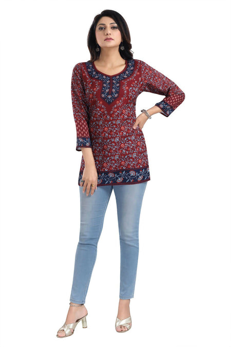 Snehal Creations Magical Maroon Summer Cool Printed Short Kurti Tunic Top