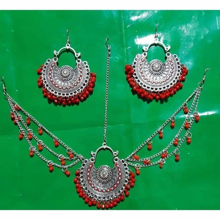 MS Fashion India Latest Design Maroon Maang Tikka with Earrings
