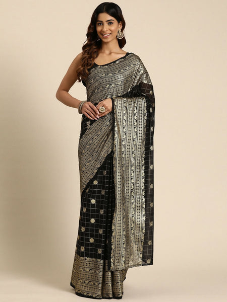Ahalyaa Women's Traditional Semi Stitch Saree - Black