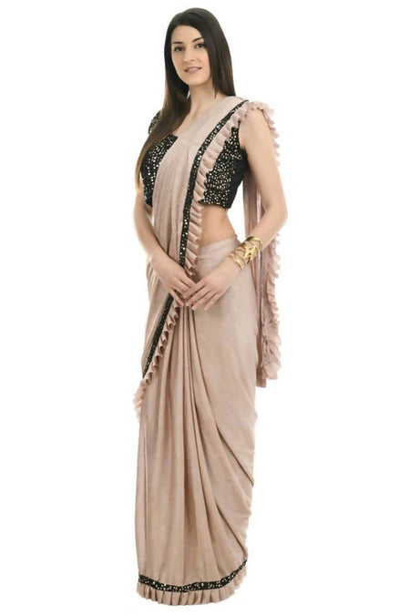 Mominos Fashion All Season Wear Beige And Black Colour Ruffled Ready To Wear Saree