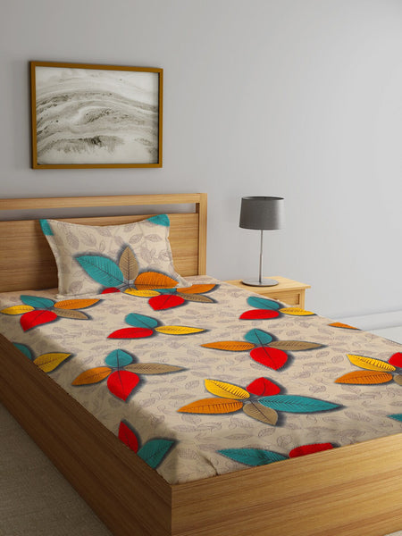 Home Sizzler Cream-Coloured & Red Floral 144 TC Bedsheet with Pillow Covers