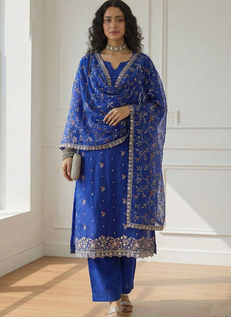 Vegaa Fashion Blue Shimmer Organza Embroidered Party Wear Suit