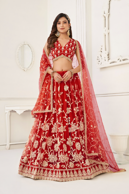 Eilara Women'S Red Butterfly Net With Sequins And Embroidery Work Lehenga Choli For Wedding