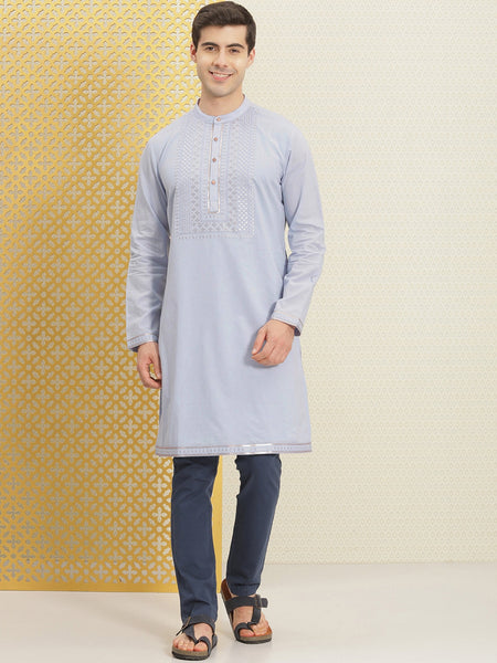 House of Pataudi Jashn Pure Cotton Yoke Design Sequinned Kurta