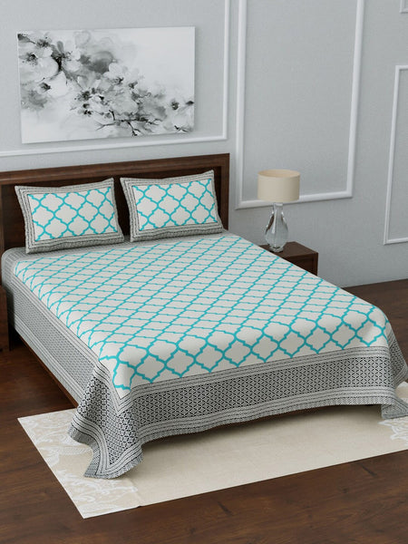 LIVING ROOTS White & Blue Printed 210 TC 1 King Jaipuri Bedsheet With 2 Pillow Covers