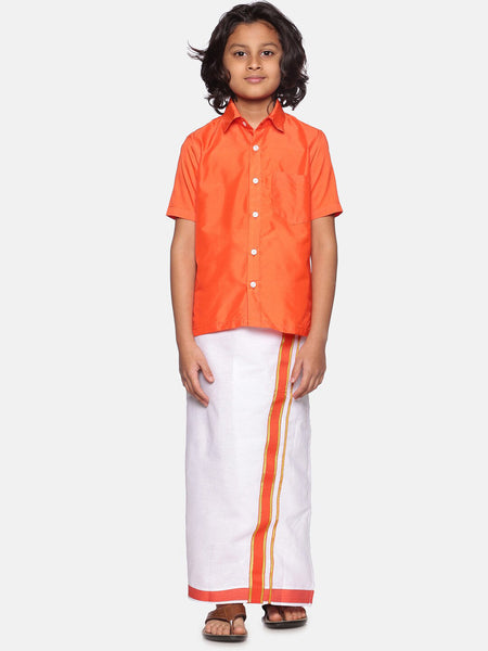 Sethukrishna Orange & White Solid Shirt with Dhoti Set For Boys