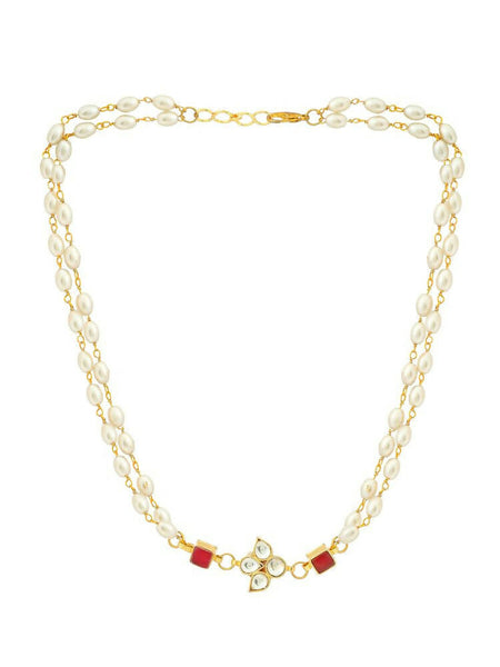 White and Red Beaded Gold Plated Flower Kundan Necklace - Ruby Raang