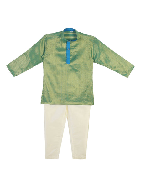 Sethukrishna Boys Green & Cream-Coloured Solid Kurta with Pyjamas