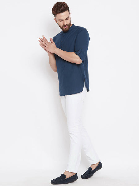 Even Apparels Blue Color Men's Pure Cotton Kurta With Band Collar